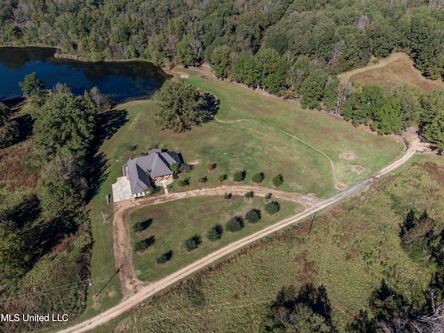 bird's eye view with a water view and a rural view