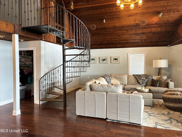 6327 Pontiac Dr, Kiln, MS 39556 - living area featuring wooden ceiling, wood finished floors, baseboards, stairway, and high vaulted ceiling