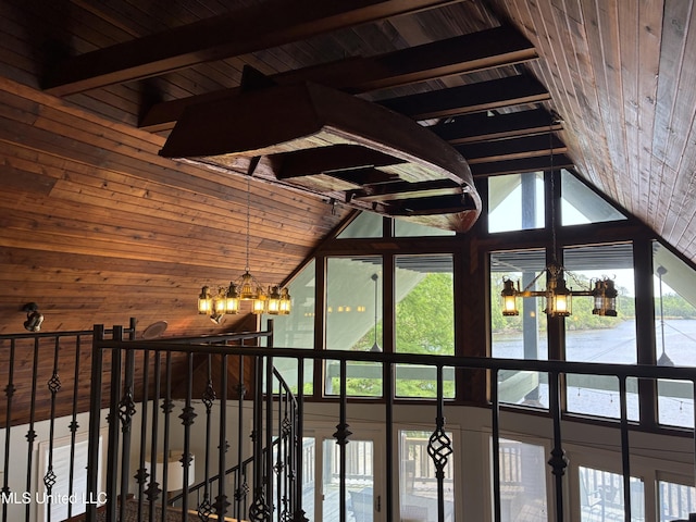 6327 Pontiac Dr, Kiln, MS 39556 - room details featuring a chandelier, wood walls, beamed ceiling, and wood ceiling
