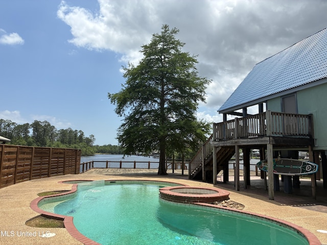 6327 Pontiac Dr, Kiln, MS 39556 - view of pool with stairs, a patio, a deck, fence, and a pool with connected hot tub