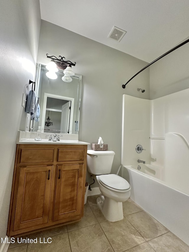 full bath featuring vanity, visible vents, shower / bathing tub combination, toilet, and tile patterned floors