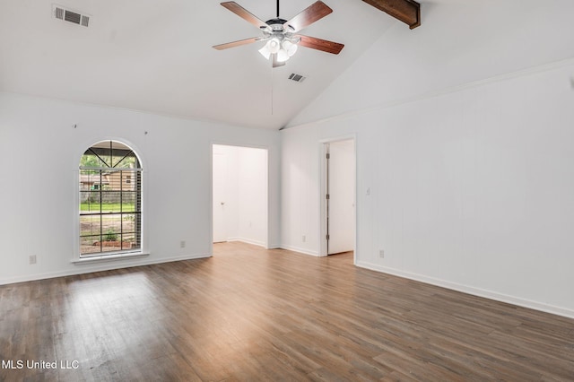 unfurnished room featuring beam ceiling, wood finished floors, a ceiling fan, high vaulted ceiling, and baseboards