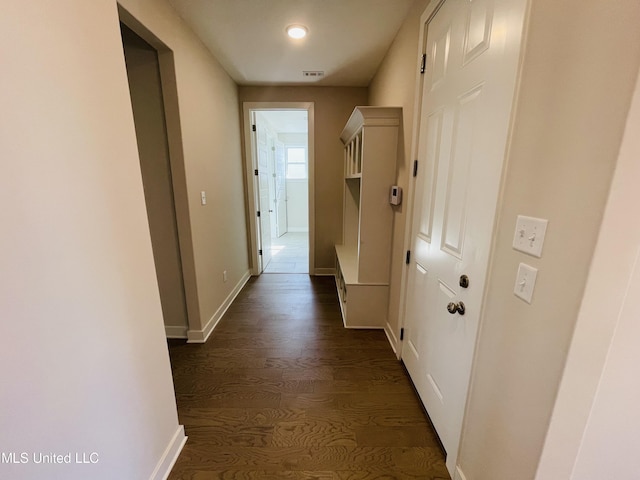 hallway with dark hardwood / wood-style flooring