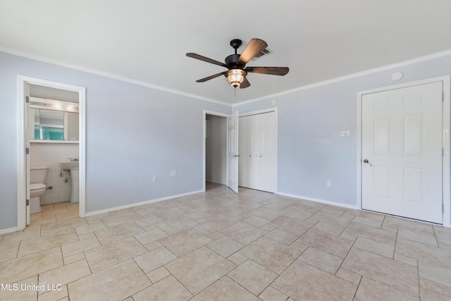120 Pitcher Pt, Long Beach, MS 39560 - unfurnished bedroom featuring ornamental molding, connected bathroom, ceiling fan, and baseboards