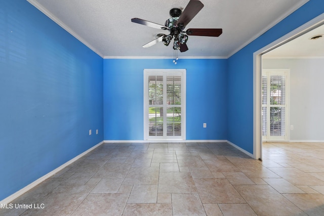 120 Pitcher Pt, Long Beach, MS 39560 - unfurnished room with healthy amount of natural light, a ceiling fan, baseboards, crown molding, and a textured ceiling