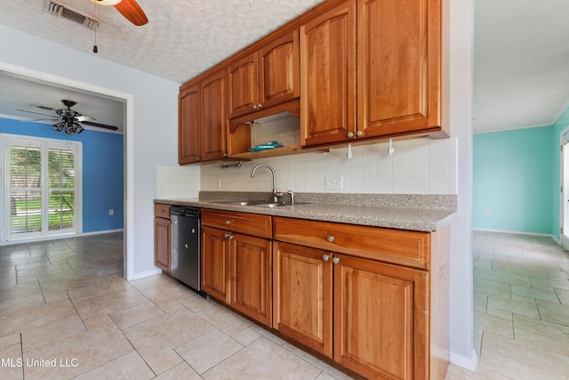 120 Pitcher Pt, Long Beach, MS 39560 - kitchen featuring dishwasher, a sink, a ceiling fan, backsplash, and baseboards