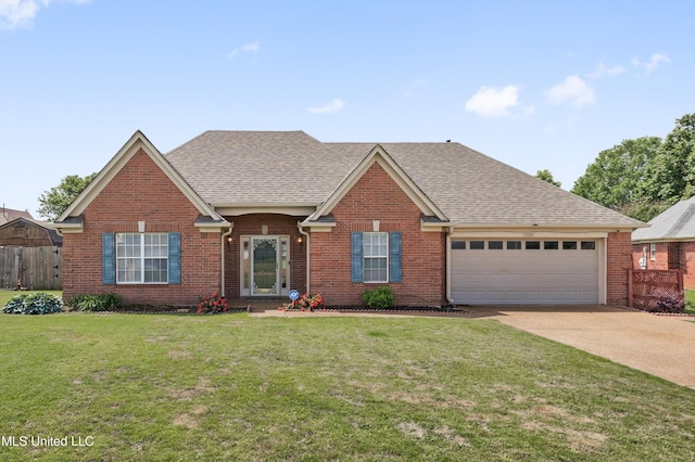 ranch-style house featuring a garage, a front lawn, roof with shingles, brick siding, and concrete driveway