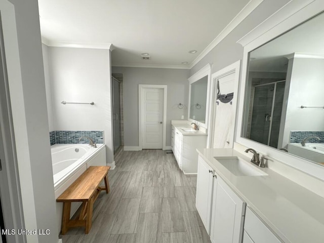 bathroom with a shower stall, two vanities, crown molding, and a sink