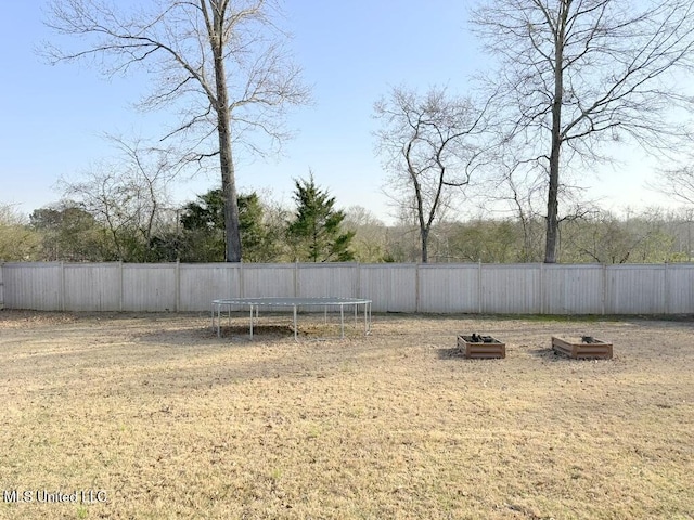 view of yard featuring a fenced backyard and a trampoline