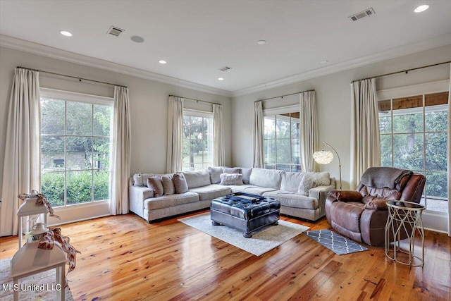 living room with crown molding, a healthy amount of sunlight, and light hardwood / wood-style floors