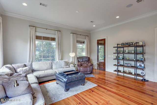 living room featuring light hardwood / wood-style floors and ornamental molding