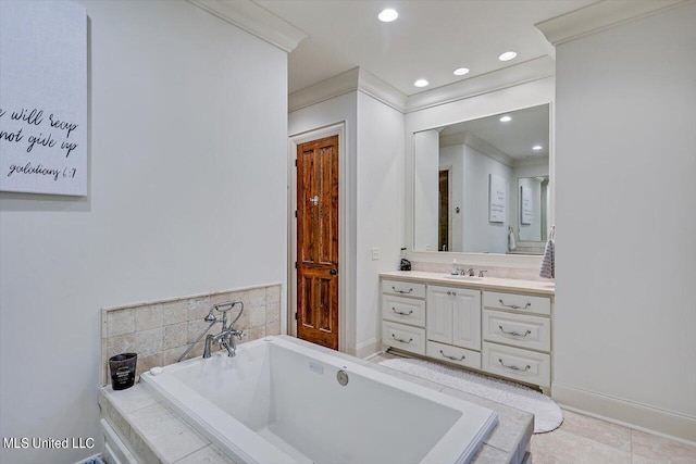 bathroom with tile patterned floors, tiled bath, vanity, and ornamental molding