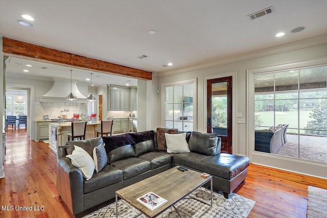 living room with beam ceiling, light wood-type flooring, plenty of natural light, and crown molding