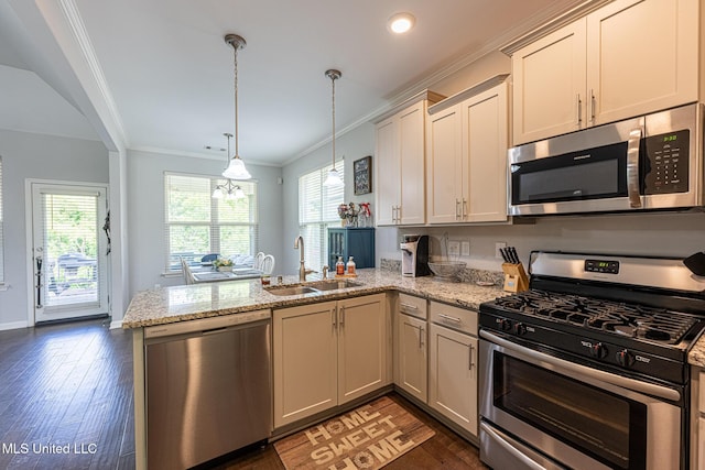 6750 Whooper Swan Dr, Olive Branch, MS 38654 - kitchen featuring stainless steel appliances, a sink, a peninsula, wood finished floors, and plenty of natural light