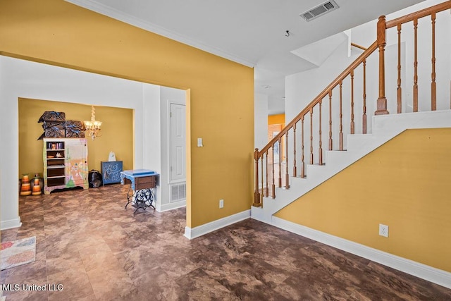 interior space with visible vents, baseboards, crown molding, and an inviting chandelier