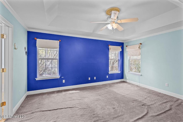 carpeted empty room with ceiling fan, a raised ceiling, baseboards, and ornamental molding