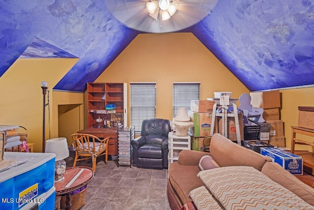 living area featuring lofted ceiling