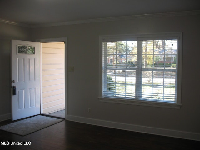 entrance foyer featuring a wealth of natural light, hardwood / wood-style flooring, and ornamental molding