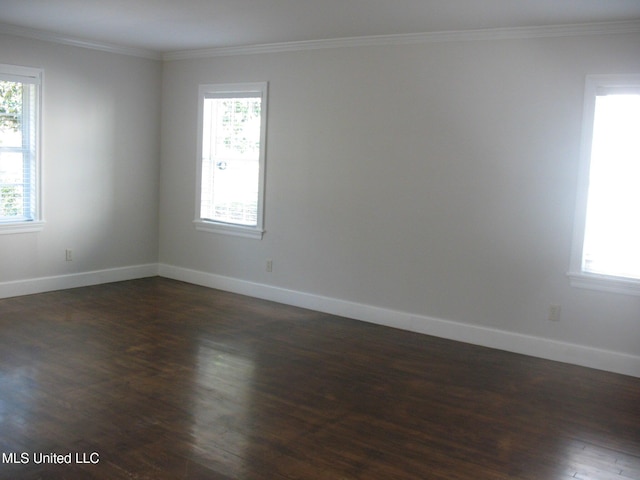 empty room with a wealth of natural light, dark hardwood / wood-style flooring, and ornamental molding