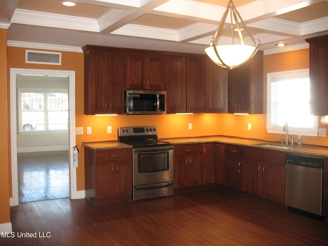 kitchen with sink, hanging light fixtures, stainless steel appliances, coffered ceiling, and dark hardwood / wood-style flooring