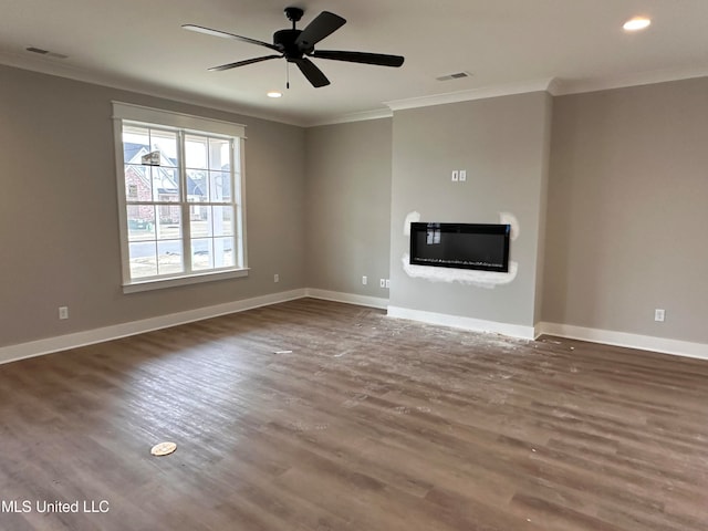 unfurnished living room with ceiling fan, ornamental molding, and dark hardwood / wood-style flooring