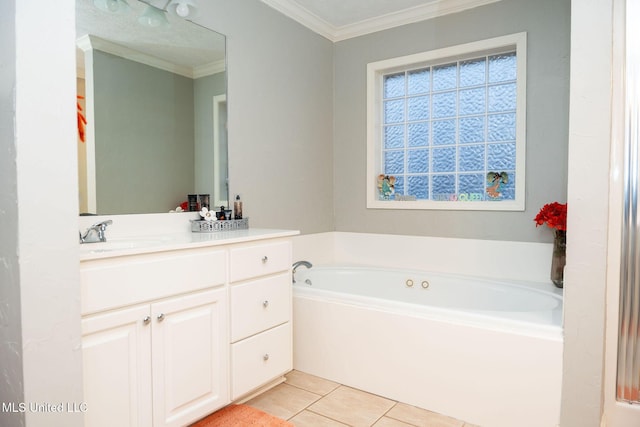 full bath featuring a bath, tile patterned flooring, vanity, and crown molding