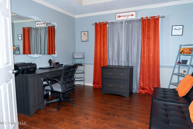 office space with crown molding and wood finished floors