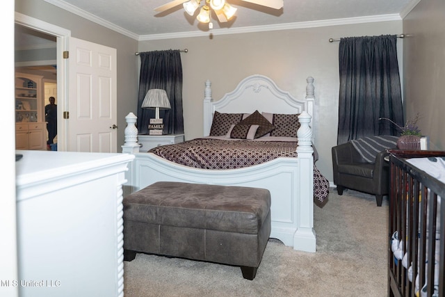 bedroom with light carpet, a ceiling fan, and crown molding