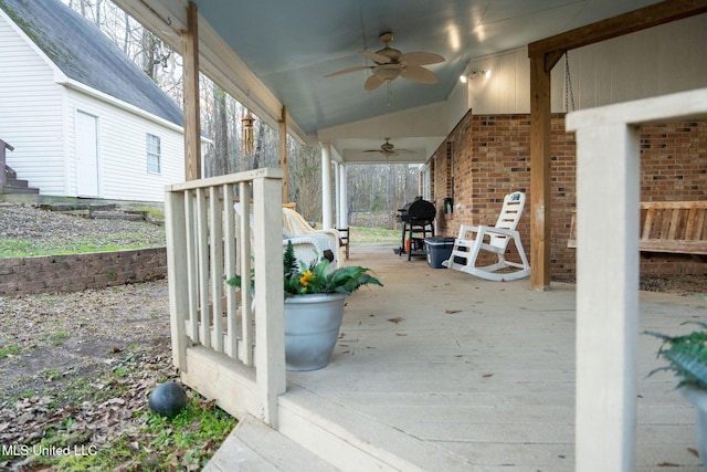 view of patio featuring ceiling fan and area for grilling