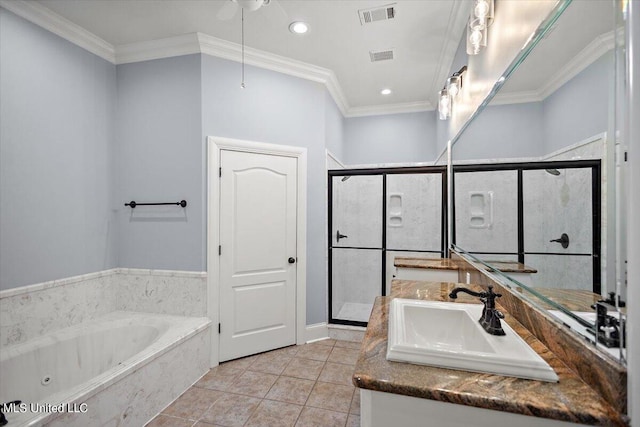 bathroom with vanity, crown molding, plus walk in shower, and tile patterned flooring