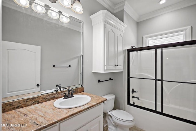 full bathroom featuring vanity, crown molding, combined bath / shower with glass door, and toilet