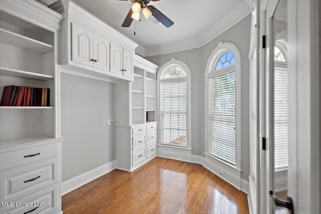 walk in closet featuring light hardwood / wood-style flooring and ceiling fan