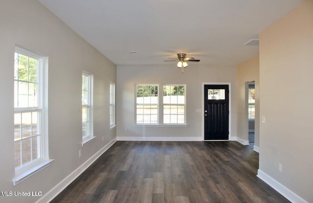 foyer entrance with a wealth of natural light, baseboards, dark wood-style floors, and a ceiling fan