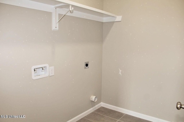 clothes washing area featuring laundry area, tile patterned flooring, electric dryer hookup, baseboards, and hookup for a washing machine