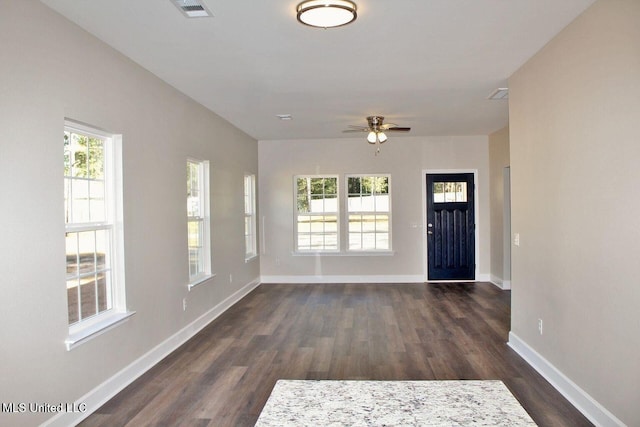 entryway featuring baseboards, a wealth of natural light, dark wood finished floors, ceiling fan, and visible vents