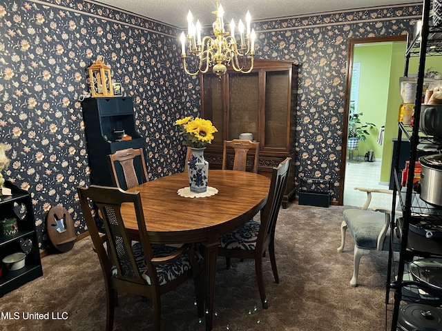 11423 High Rd, Hernando, MS 38632 - carpeted dining area with wallpapered walls, a textured ceiling, and a chandelier