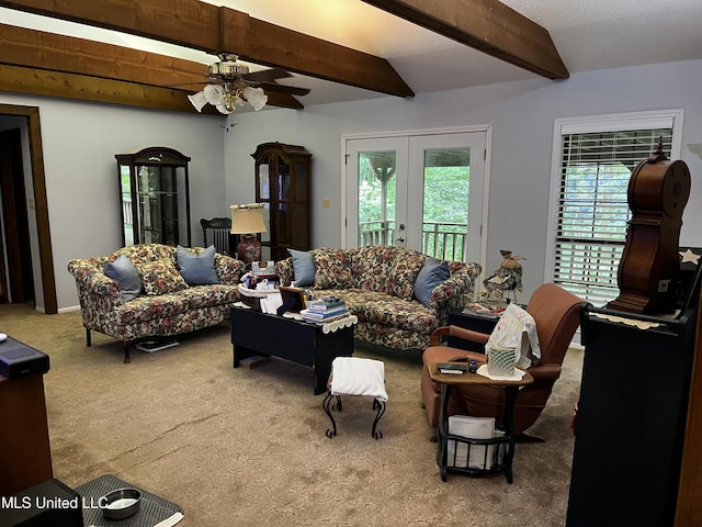11423 High Rd, Hernando, MS 38632 - carpeted living area with beamed ceiling, a ceiling fan, and french doors