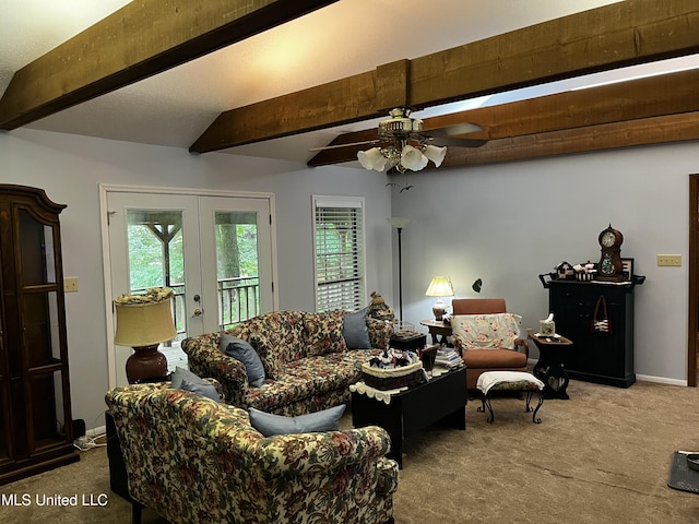 11423 High Rd, Hernando, MS 38632 - living room with french doors, carpet, beam ceiling, and a ceiling fan