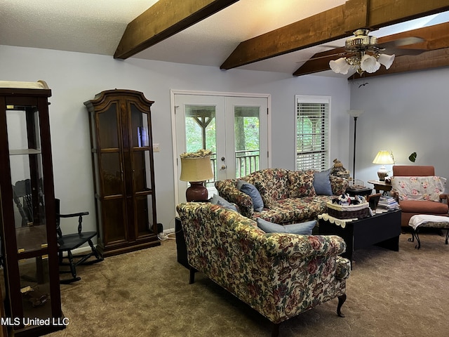11423 High Rd, Hernando, MS 38632 - living room featuring carpet flooring, healthy amount of natural light, french doors, beamed ceiling, and ceiling fan