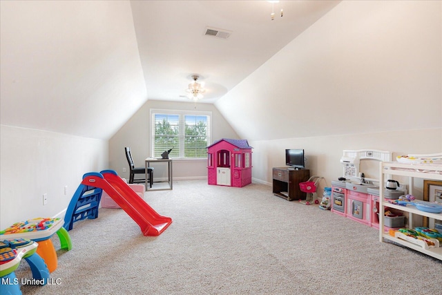 4943 W Margarette Cir, Olive Branch, MS 38654 - recreation room featuring carpet flooring, vaulted ceiling, and baseboards
