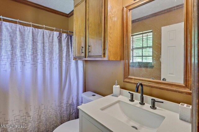 5530 Spencer Dr, Jackson, MS 39212 - full bathroom featuring toilet, vanity, ornamental molding, and a shower with curtain