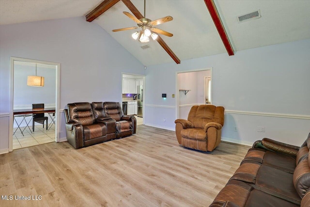 5530 Spencer Dr, Jackson, MS 39212 - living area featuring visible vents, ceiling fan, beamed ceiling, light wood finished floors, and high vaulted ceiling