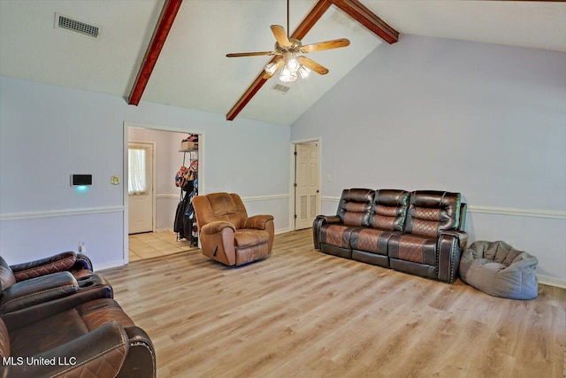 5530 Spencer Dr, Jackson, MS 39212 - living room with visible vents, beamed ceiling, ceiling fan, high vaulted ceiling, and wood finished floors