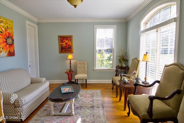 living area with ornamental molding and light hardwood / wood-style floors