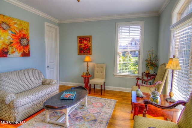 living area featuring ornamental molding and light hardwood / wood-style floors