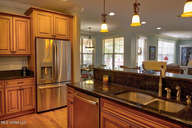 kitchen with light hardwood / wood-style floors, crown molding, stainless steel appliances, and pendant lighting