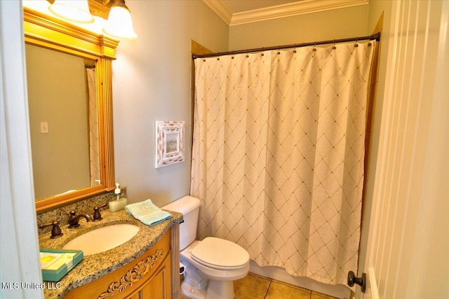 bathroom featuring toilet, tile patterned flooring, ornamental molding, a shower with shower curtain, and vanity