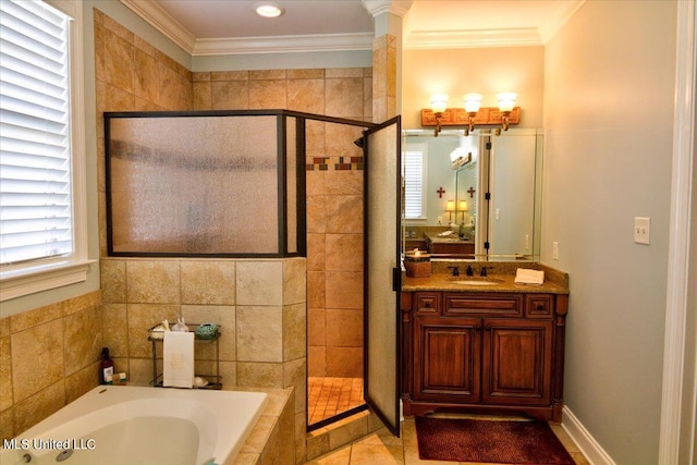 bathroom with vanity, crown molding, plus walk in shower, and tile patterned flooring