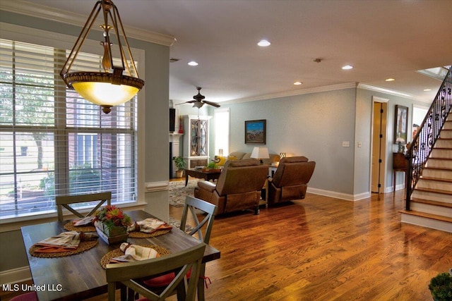 dining room featuring crown molding, a healthy amount of sunlight, wood-type flooring, and ceiling fan