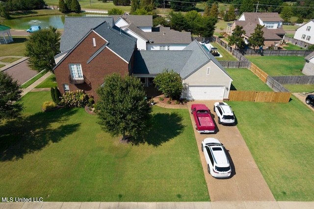 aerial view featuring a water view